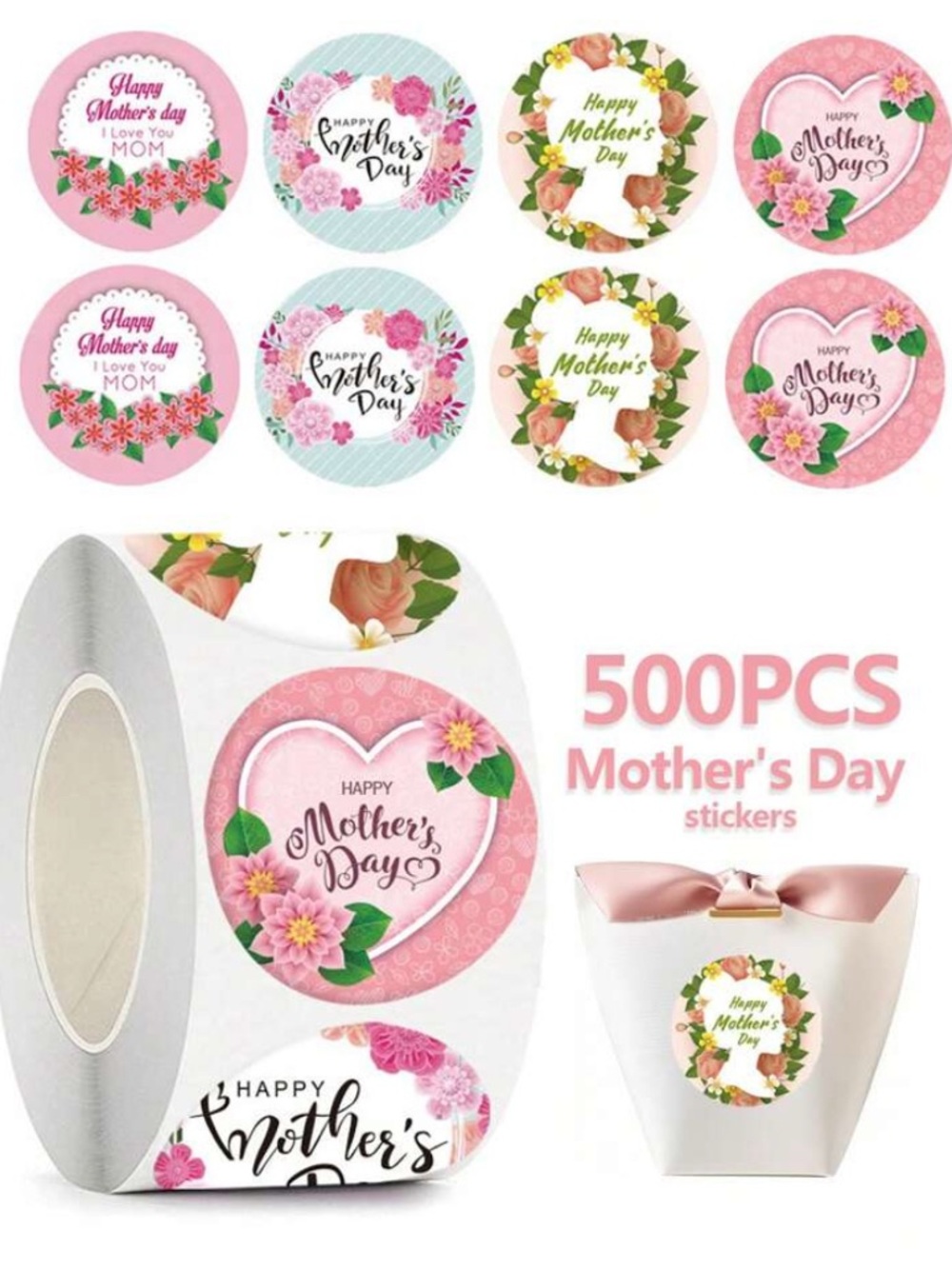 Mother's Day Floral Sticker Roll - Pink Assorted Designs (500 pcs)